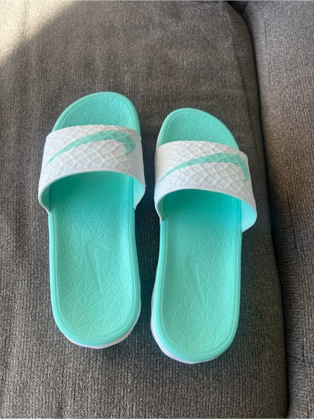Nike Aqua/Turquoise Slide Sandals with White Strap and Teal Swoosh